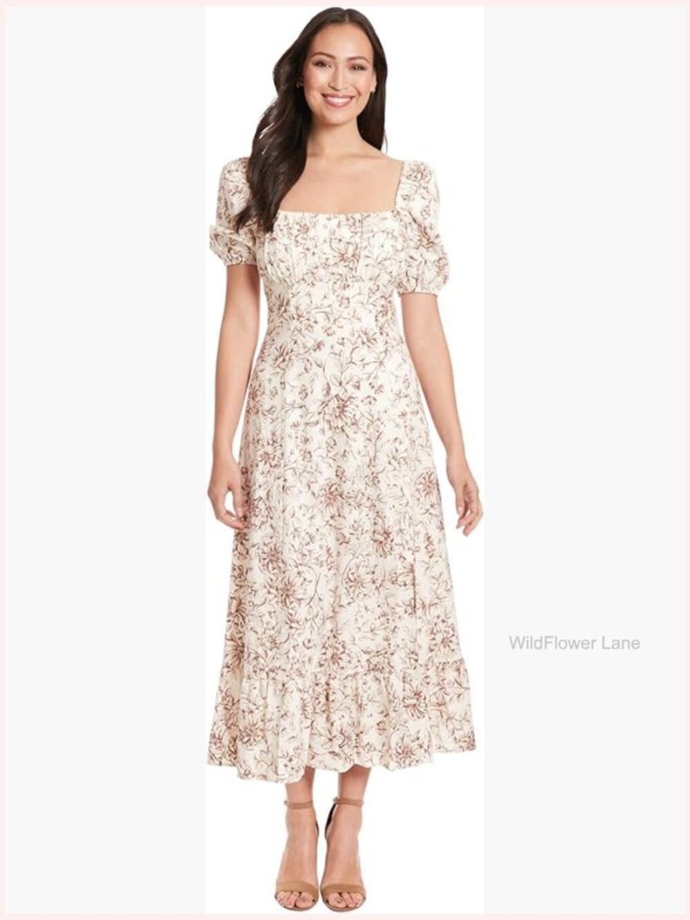 Linen Blend Square Neck Smocked Back Midi Dress with Puff Sleeves
